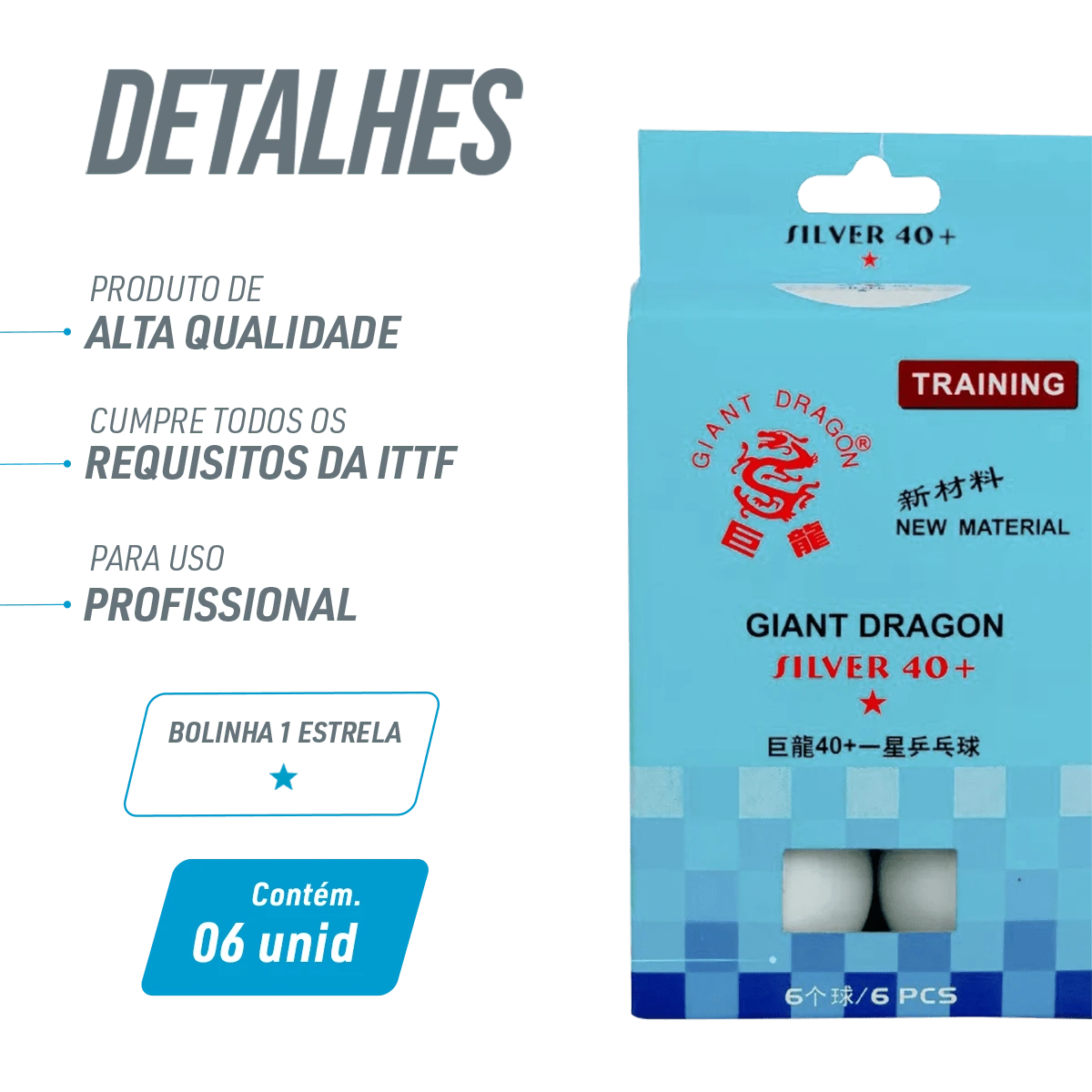 Bolinha de tênis de mesa 1 estrela Silver Giant Dragon - cnj com 6 und - BRANCA