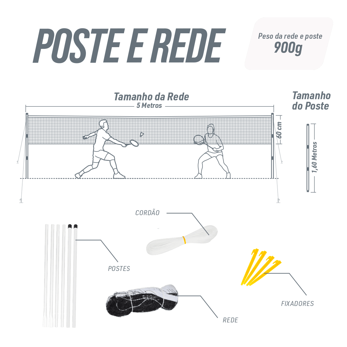 Kit de badminton com 04 raquetes de aço, 02 volantes, postes de aço e rede Loire