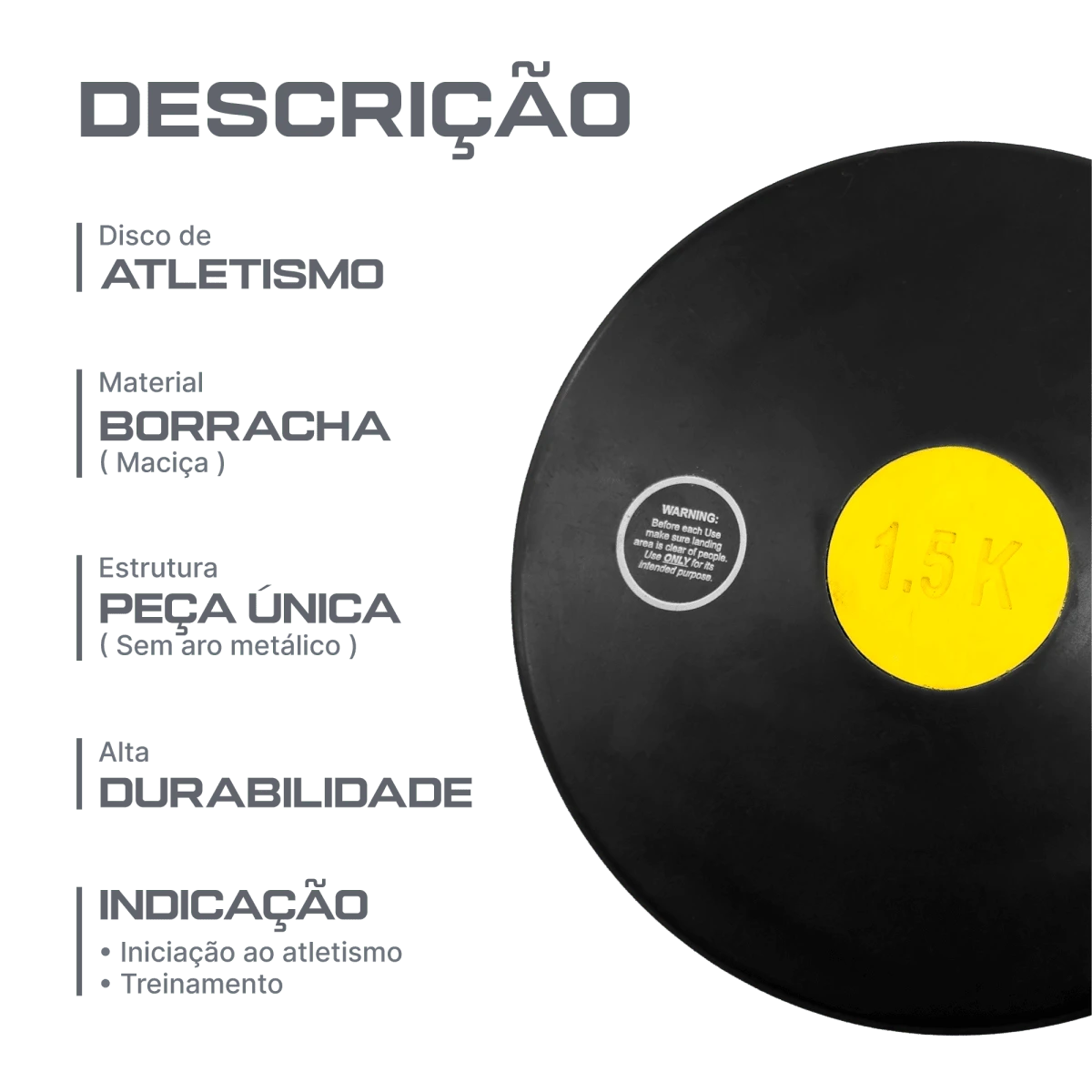 Disco de atletismo de borracha preto com centro colorido 1,50kg Pista e Campo