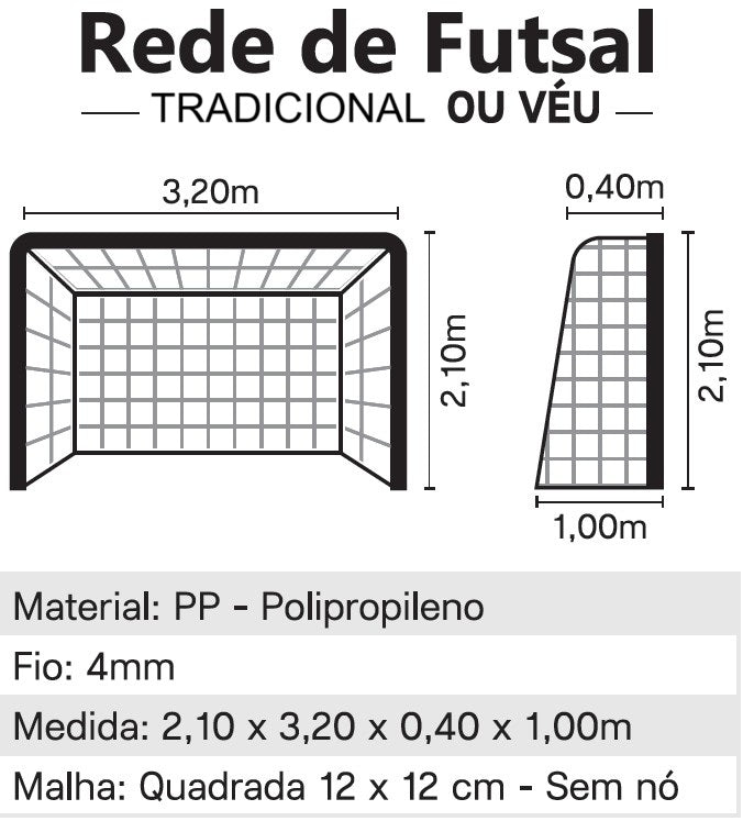 Rede oficial de futebol de salão (futsal) em polietileno malha quadrada sem nós Pista e Campo - Par