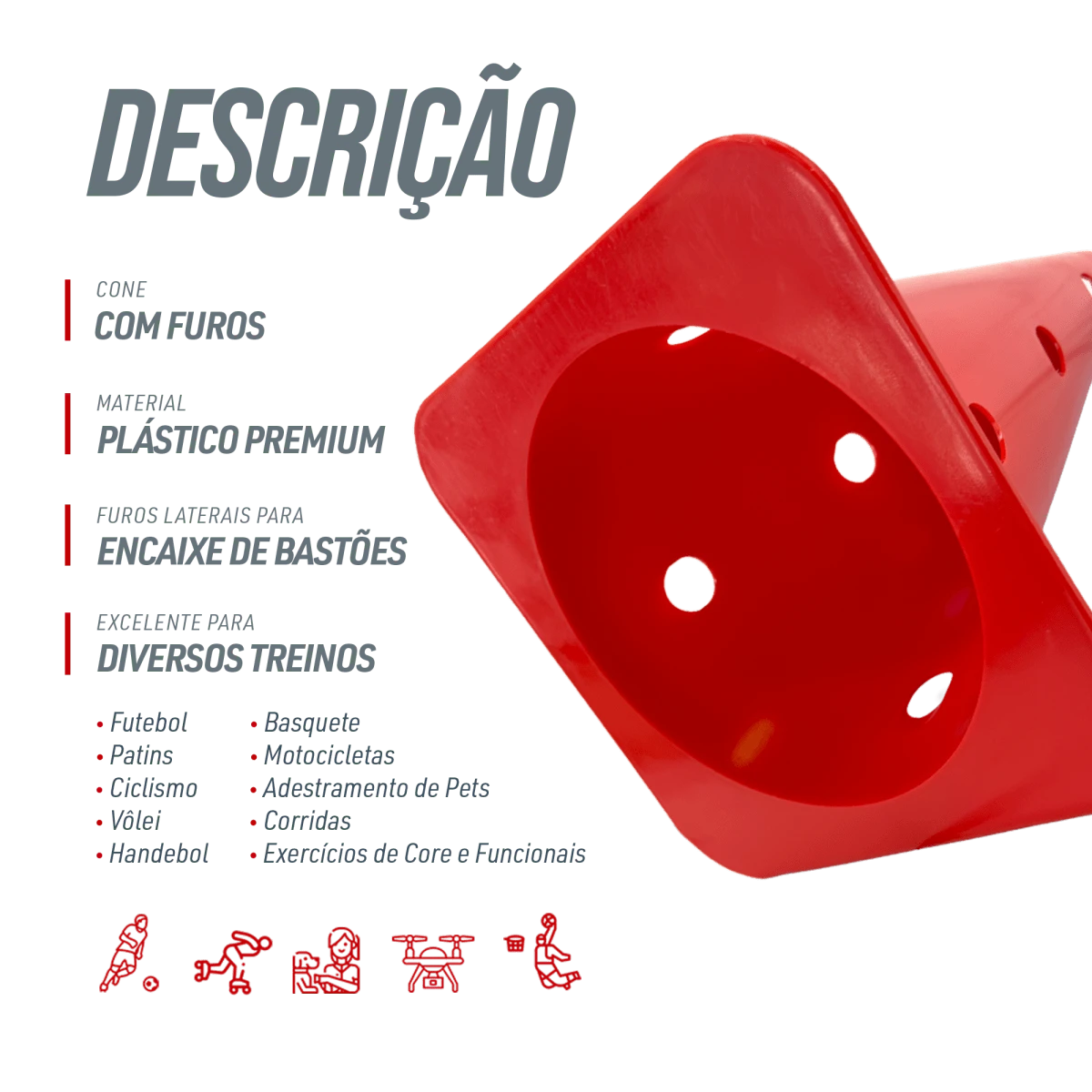 Cone de sinalização 38cm de plástico com furos premium reforçado Pista e Campo - Amarelo
