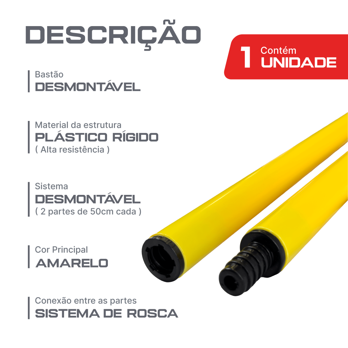 Bastão haste de PVC 1m desmontável em duas partes amarelo Velden
