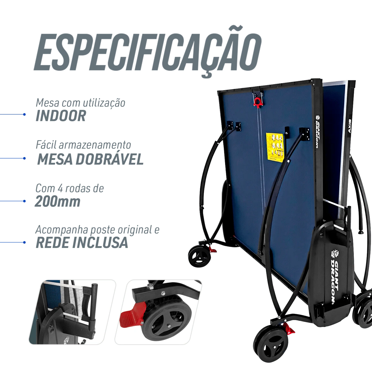 Mesa Tênis de Mesa Dobrável Azul Rede e Porta Itens Giant Dragon