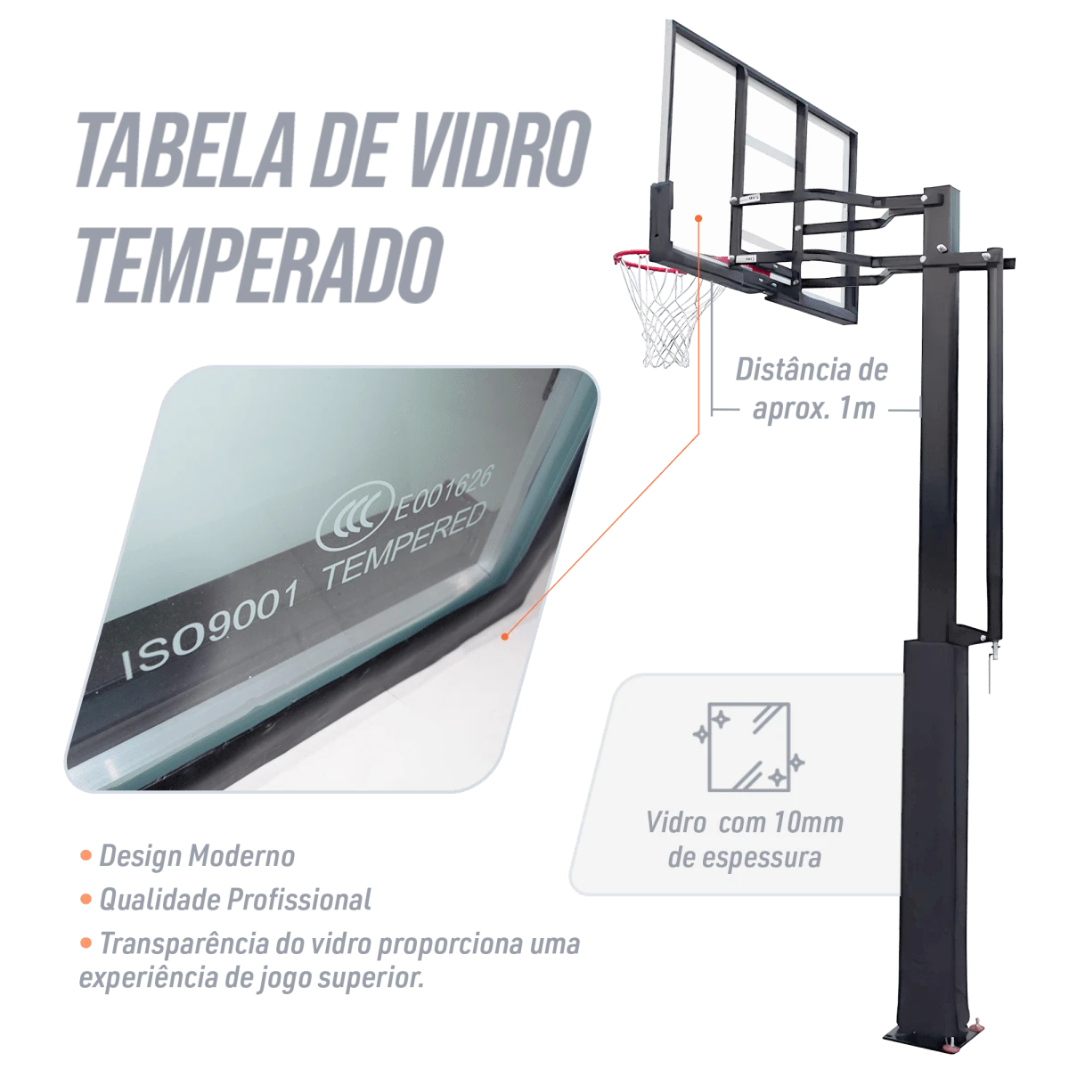 Poste fixo com tabela transparente, aro e rede de basquete oficial adulto premium Velden