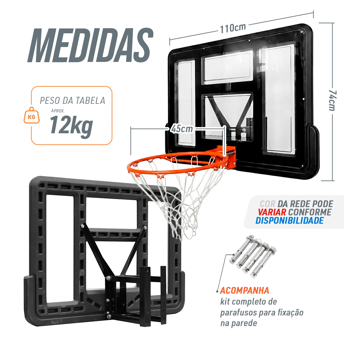 Tabela de basquete de parede quadro transparente de 110x74cm com aro e rede Velden