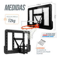 Tabela de basquete de parede quadro transparente de 110x74cm com aro e rede Velden