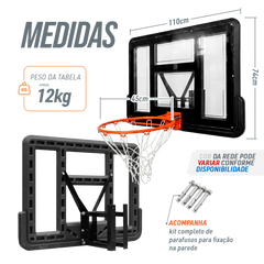 Tabela de basquete de parede quadro transparente de 110x74cm com aro e rede Velden