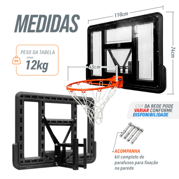Tabela de Basquete de Parede com Aro Oficial 45cm e Rede Velden