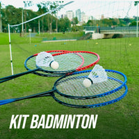 Kit de badminton com 04 raquetes de aço, 02 volantes, postes de aço e rede Loire