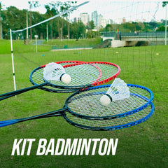 Kit de badminton com 04 raquetes de aço, 02 volantes, postes de aço e rede Loire