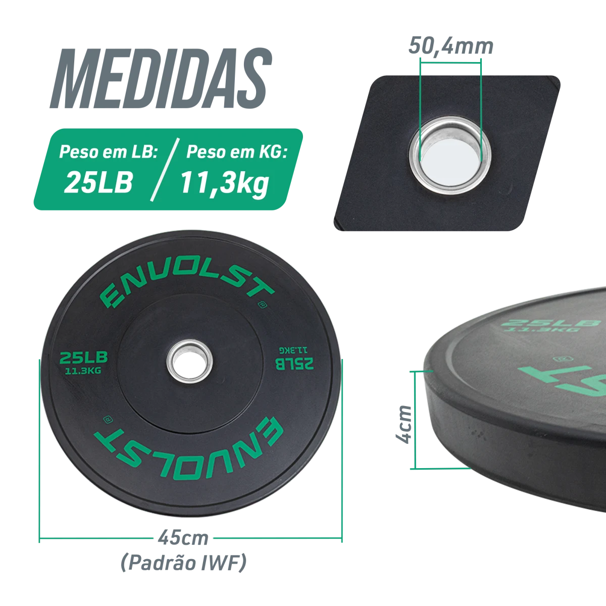 Anilha Olímpica Bumper para Crossfit e LPO 25Lb Envolst