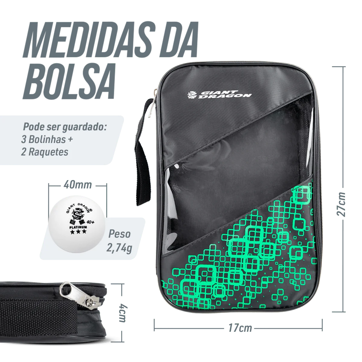 Kit 2 Raquetes de Tênis de Mesa com Bolsa e 3 Bolas Giant Dragon