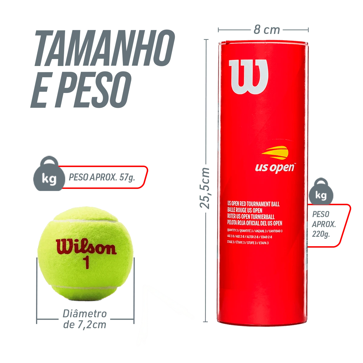 Bolinha/bola de tênis de campo estágio 3 (vermelha 75%) iniciantes Wilson US Open - tubo com 3 und