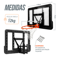 Tabela de basquete de parede quadro transparente de 110x74cm com aro e rede Velden