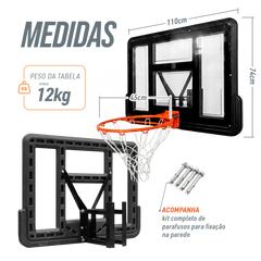 Tabela de basquete de parede quadro transparente de 110x74cm com aro e rede Velden