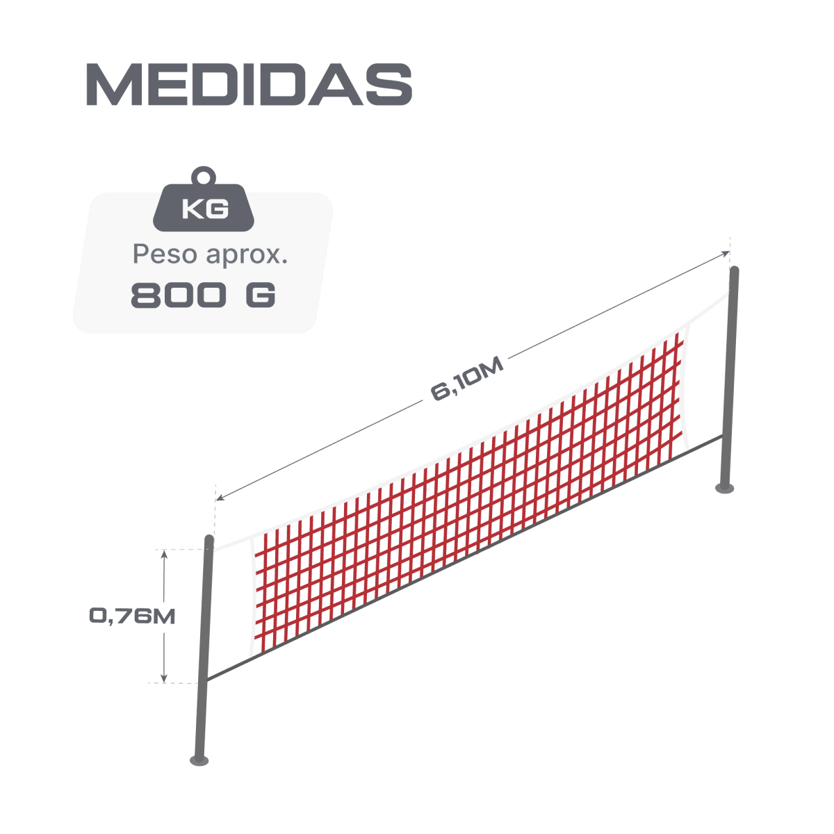 Rede oficial de badminton dimensões 6,10m (L) x 0,76m (A) PP premium Loire - com cabo de aço plastificado