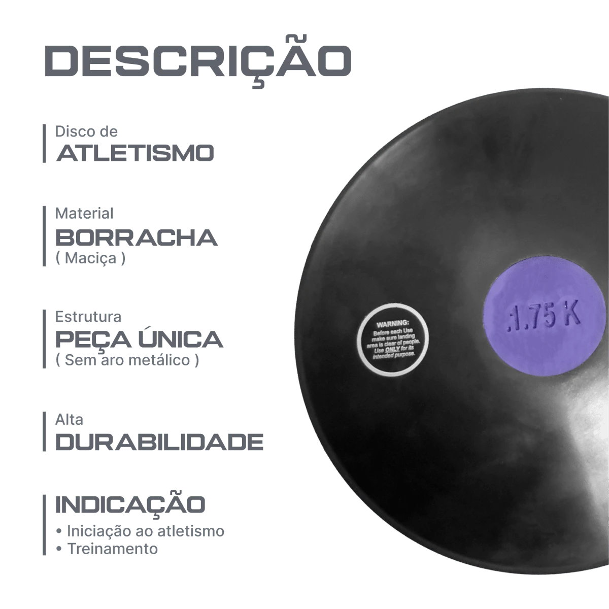Disco de atletismo de borracha preto com centro colorido 1,75kg Pista e Campo