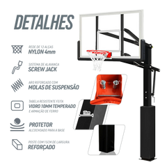 Poste fixo com tabela transparente, aro e rede de basquete oficial adulto premium Velden
