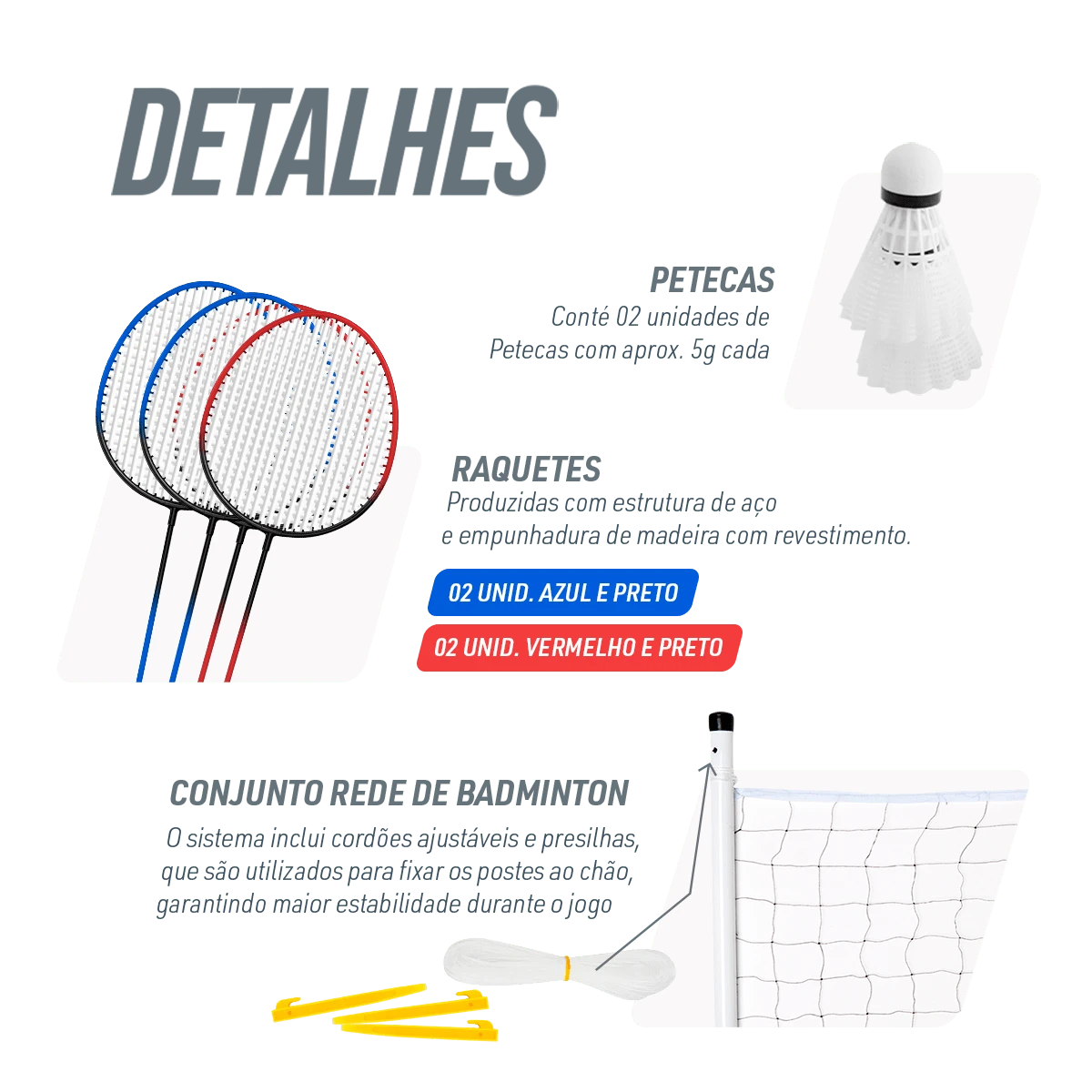 Kit de badminton com 04 raquetes de aço, 02 volantes, postes de aço e rede Loire