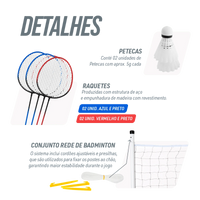 Kit de badminton com 04 raquetes de aço, 02 volantes, postes de aço e rede Loire