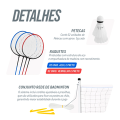 Kit de badminton com 04 raquetes de aço, 02 volantes, postes de aço e rede Loire
