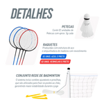Kit de badminton com 04 raquetes de aço, 02 volantes, postes de aço e rede Loire