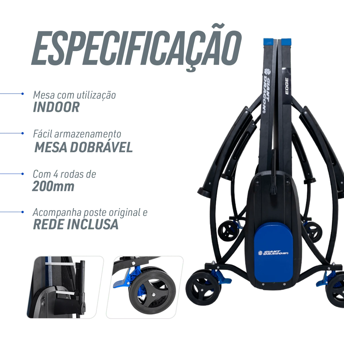Mesa de tenis de mesa de aco e madeira azul rede e porta itens P8022