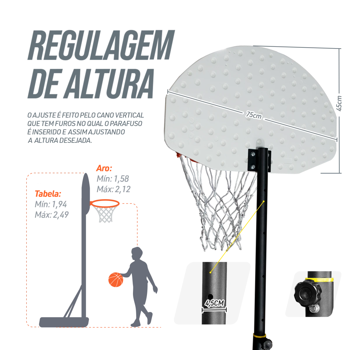 Tabela de basquete infantil juvenil móvel com poste, quadro de plástico e aro Velden