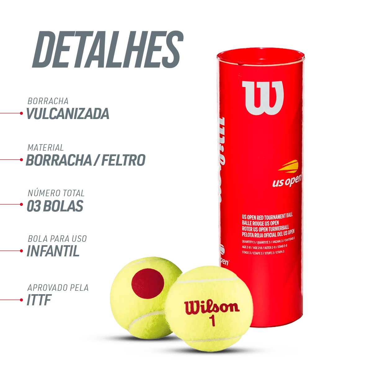 Bolinha/bola de tênis de campo estágio 3 (vermelha 75%) iniciantes Wilson US Open - tubo com 3 und
