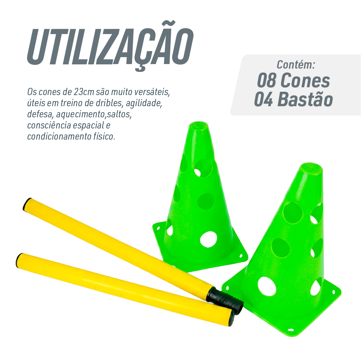Kit de Agilidade c/ 8 Cones Furados 23cm e 4 Haste de 1,00m - Cone BRANCO