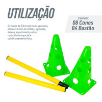Kit de Agilidade c/ 8 Cones Furados 23cm e 4 Haste de 1,00m - Cone BRANCO