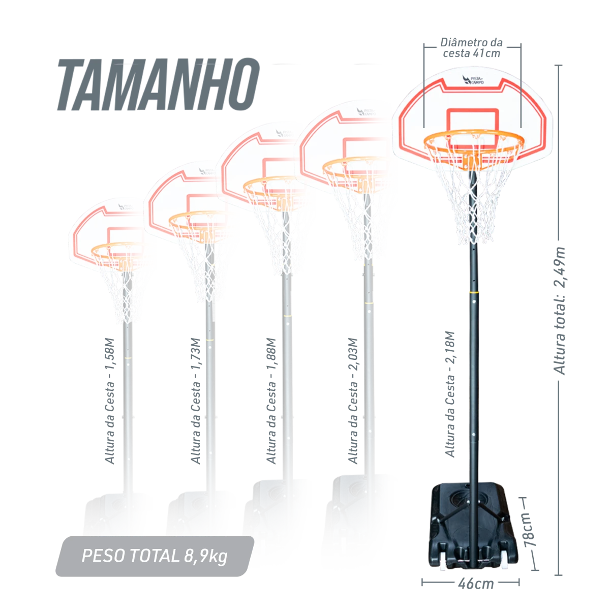 Tabela de basquete infantil juvenil móvel com poste, quadro de plástico e aro Velden