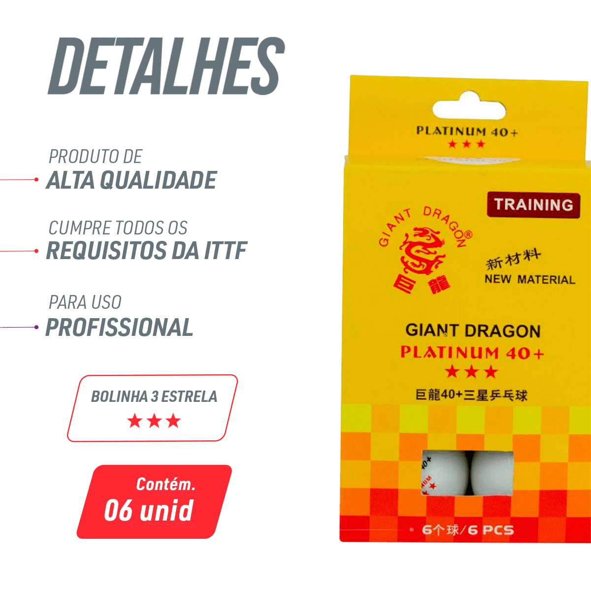 Bolinha de tênis de mesa 3 estrelas Platinium Giant Dragon - cnj com 6 und - BRANCA
