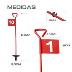Bandeirolas numeradas de alumínio para minigolfe com prato para a bola (buraco) Pista e Campo - cnj com 9 und (1-9)