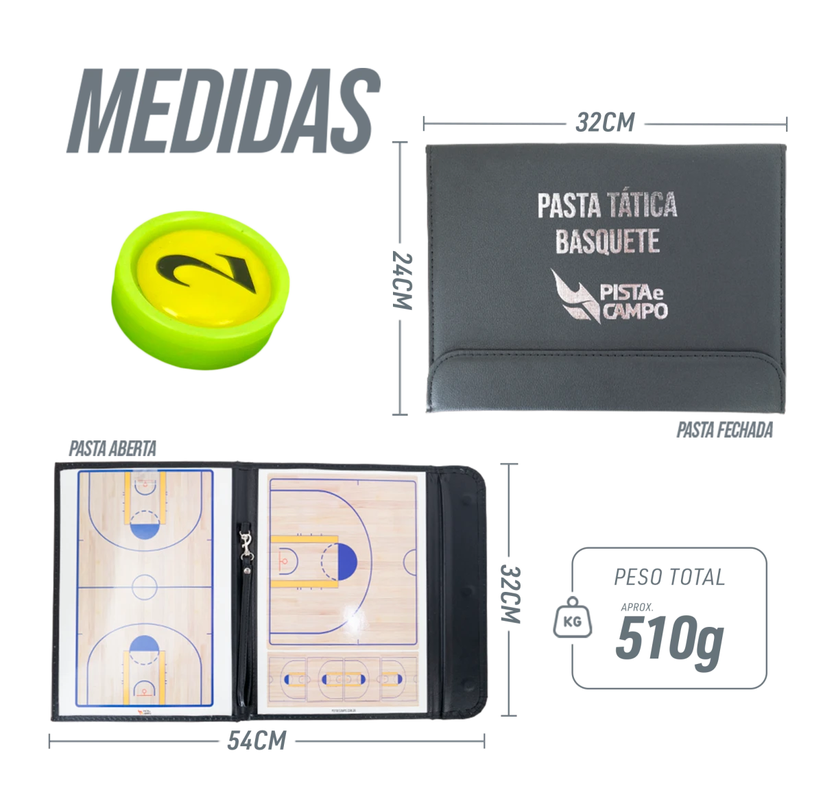 Prancheta tática magnética com caneta para treinamento de basquete Pista e Campo - Modelo pasta preta