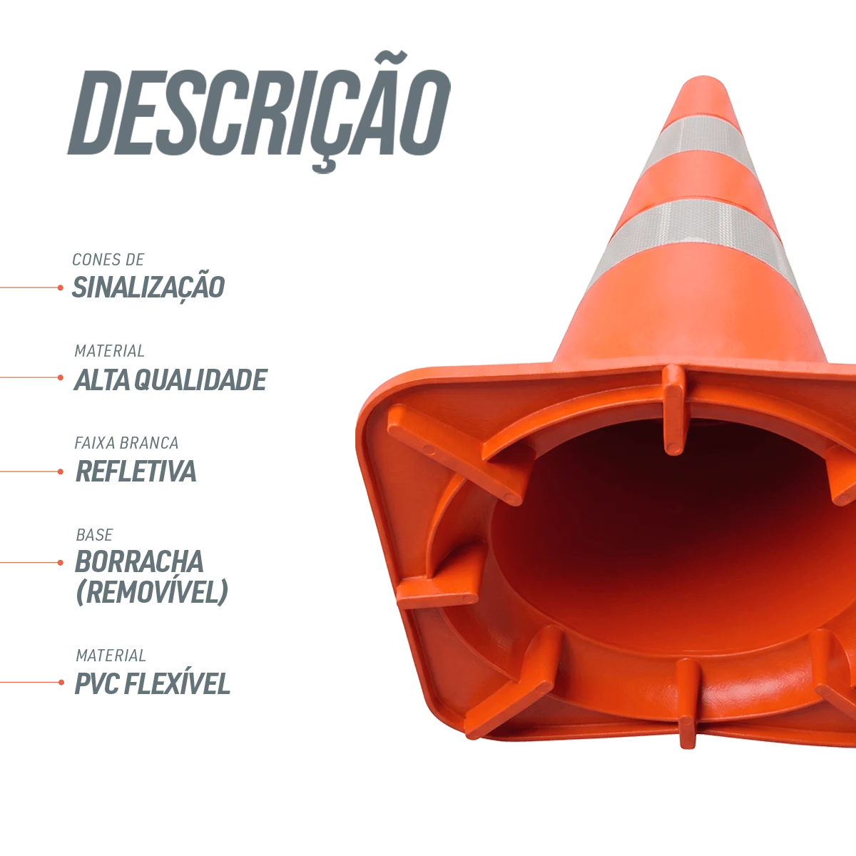 Cone de sinalização de trânsito flexível (emborrachado) refletivo 75cm NBR
