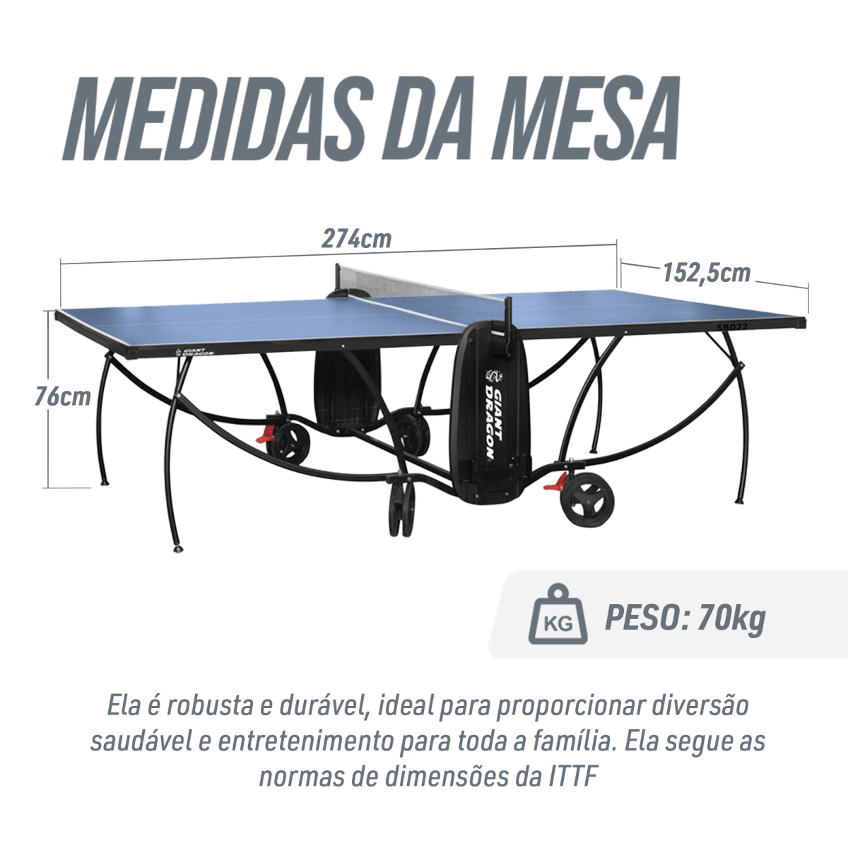 Mesa Tênis de Mesa Dobrável Azul Rede e Porta Itens Giant Dragon