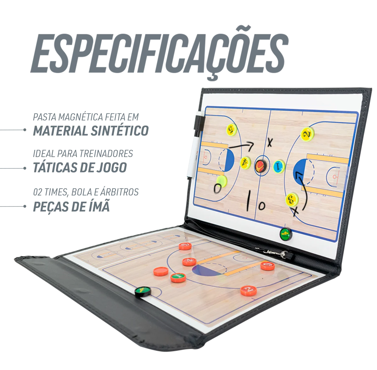 Prancheta tática magnética com caneta para treinamento de basquete Pista e Campo - Modelo pasta preta