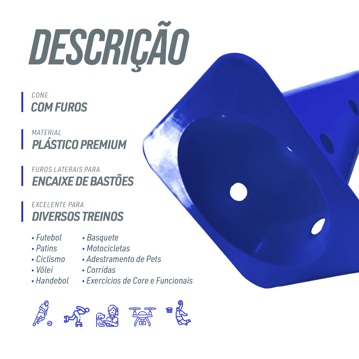 Cone de sinalização 38cm de plástico com furos premium reforçado Pista e Campo - Amarelo