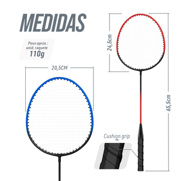 Kit Badminton 04 Raquetes de Aço, 02 Volantes, Postes de aço e Rede Loire