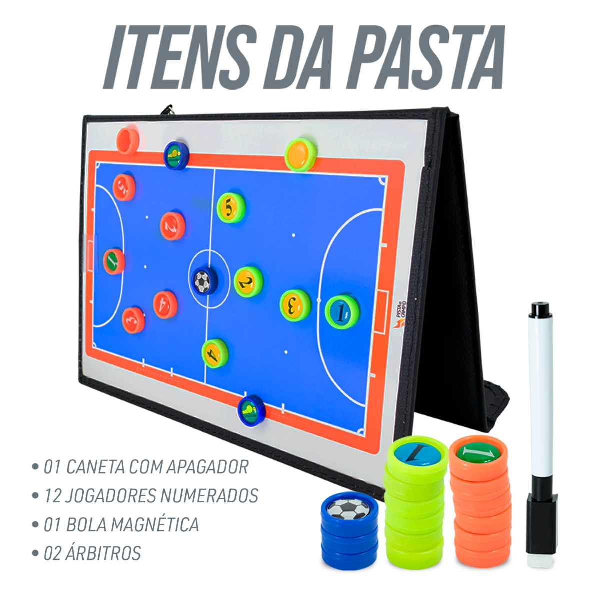 Prancheta tática magnética com caneta para treinamento de futsal Pista e Campo - Modelo pasta preta