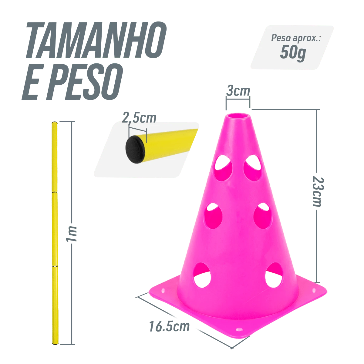 Kit de Agilidade c/ 8 Cones Furados 23cm e 4 Haste de 1,00m - Cone BRANCO