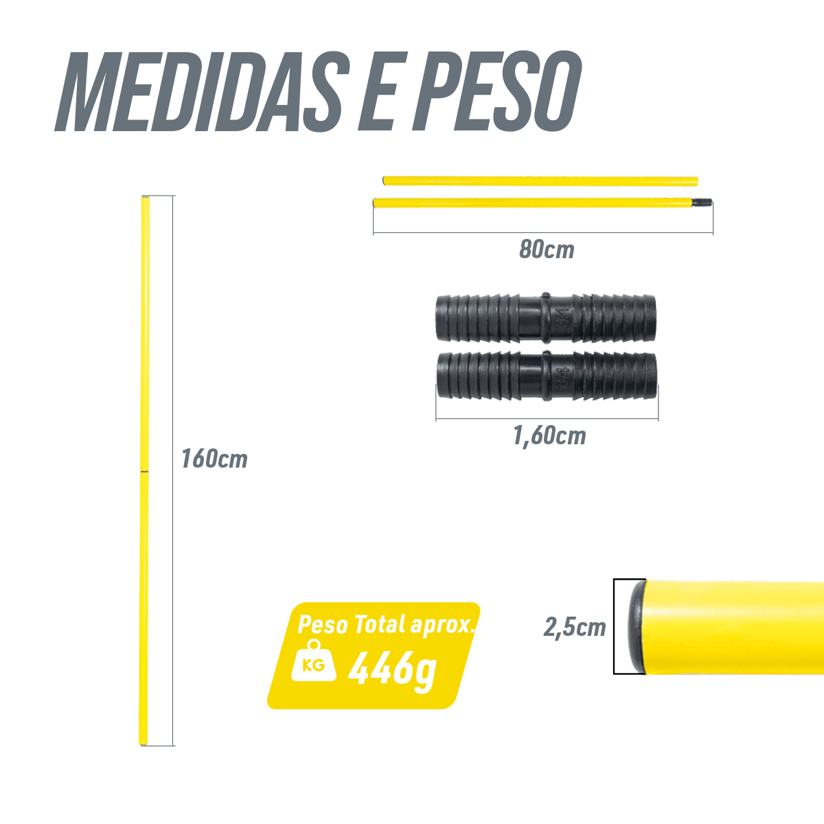 Bastão haste de PVC 1,60m desmontável em duas partes amarelo Pista e Campo