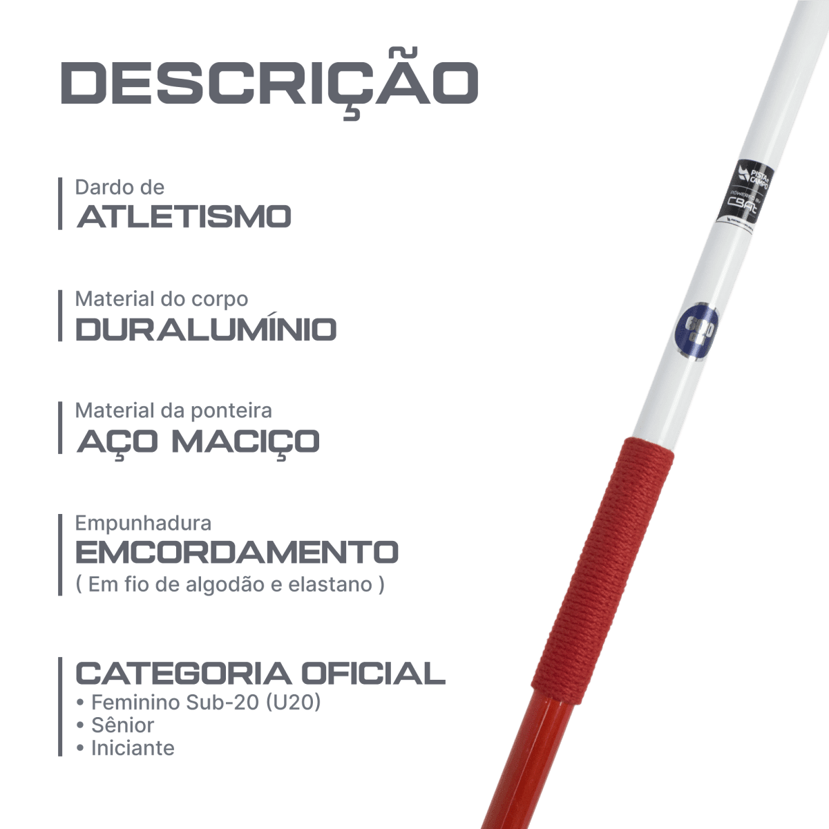Dardo de atletismo de alumínio e aço 600g iniciante Pista e Campo - Powered by CBAt (JAL-C600)