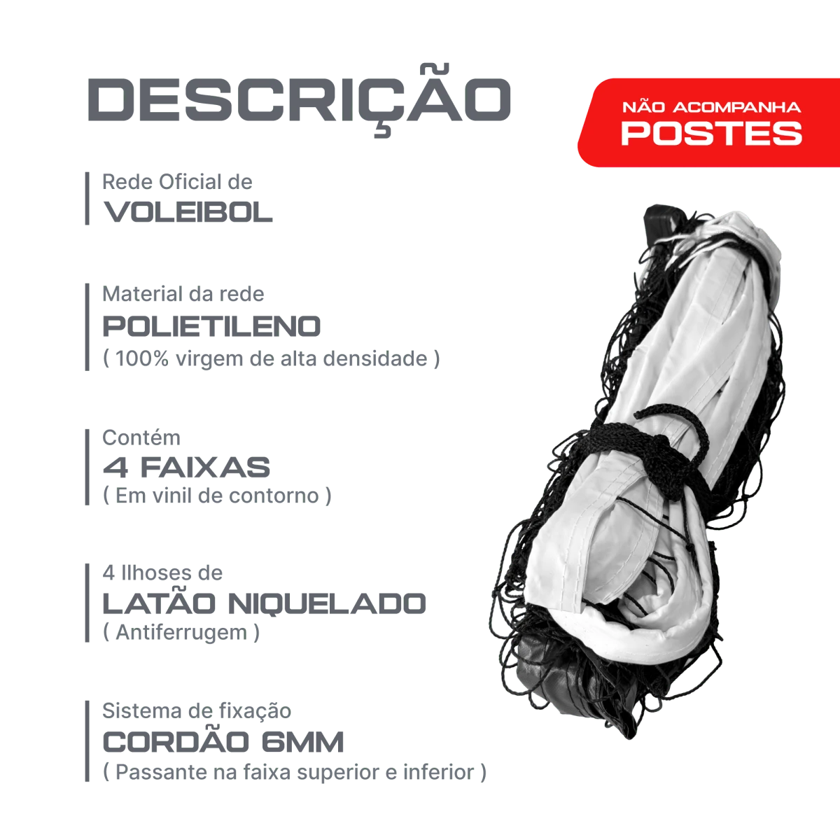 Rede oficial de voleibol com fio 2mm dimensões 9,75m (L) x 1,00m (A) com 04 faixas de vinil Velden