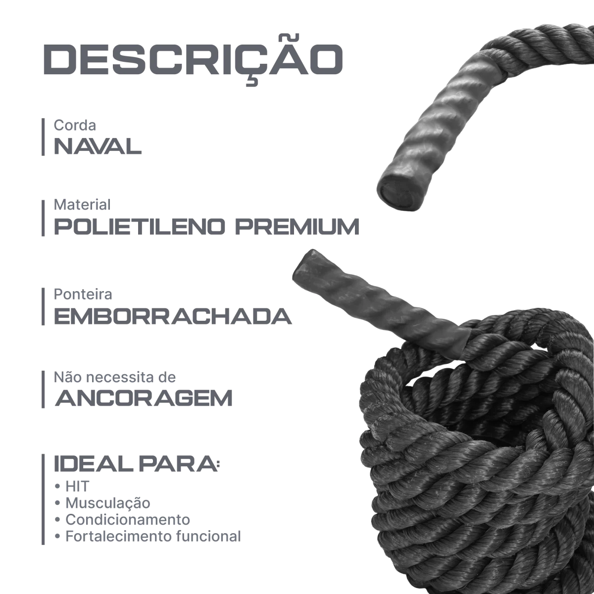 Corda naval preta torcida para treinamento funcional 38mm Envolst - 10M