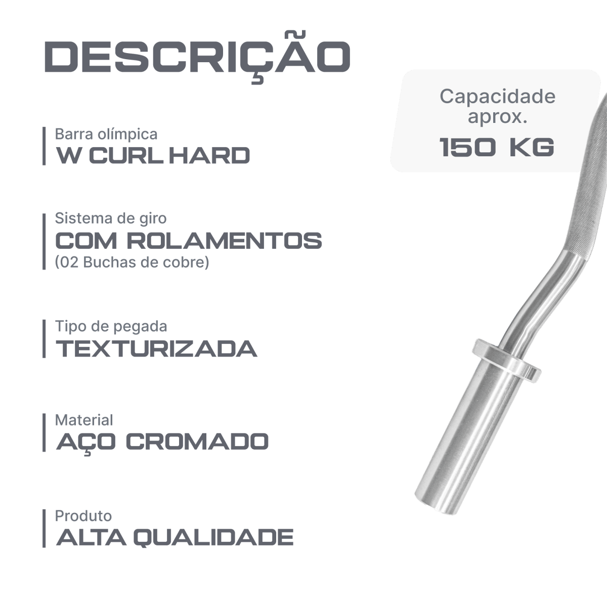 Barra W Curl 1,20m Olimpica Hard Cromo Profissional Envolst