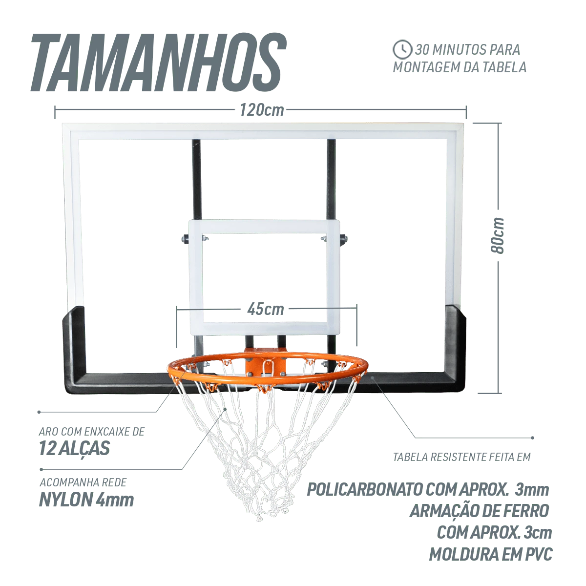 Tabela de basquete de parede quadro transparente de 120x80cm com aro e rede Velden