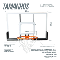 Tabela de basquete de parede quadro transparente de 120x80cm com aro e rede Velden