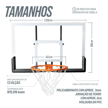 Tabela de basquete de parede quadro transparente de 120x80cm com aro e rede Velden